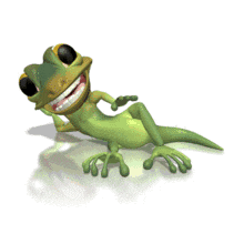 A green gecko in a reclining position waves &quot;hello&quot; in this cute animated clipart.