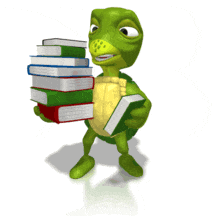 In this animated clipart, a turtle holds a stack of books.
