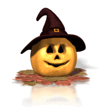A carved pumpkin wearing a witch&#039;s hat and sitting on a bed of autumn leaves cackles in this Halloween animated clipart.