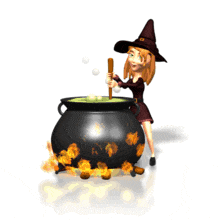 In this Halloween animated clipart, a sexy witch stirs a boiling cauldron of witch&#039;s brew.