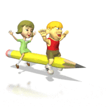 In this animated clipart a boy and girl take a ride on a yellow pencil. 