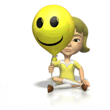 In this animated clipart a girl in a yellow dress peeks out from behind a smiley faced balloon and waves.