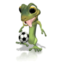 In this animated clipart a green gecko does a kicking soccer drill.