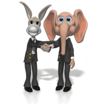In this political animated clipart a donkey and an elephant shake hands.