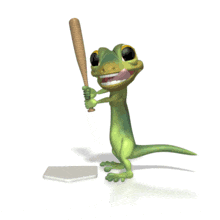 In this animated clipart a green gecko is ready to bat as he waits for the baseball to be pitched.
