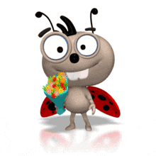 An adorable love bug stands with a bouquet of flowers in this animated clipart.