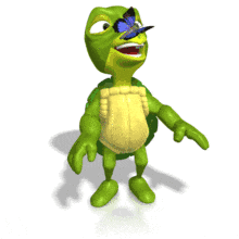 A blue butterfly has landed on a turtle&#039;s nose in this animated clipart.