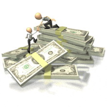 One stickman is helping another to climb a stack of money in this animated clipart.