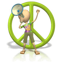 A protestor with a green peace symbol protests through a bullhorn in this animated clipart.