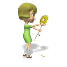 A girl picks daisy petals as she ponders if he loves me or loves me not in this animated clipart.