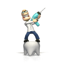A crazy dentist stands on a tooth wielding a drill in this animated clipart.