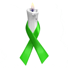 A green awareness ribbon is wrapped around a flickering white candle in this animated clipart.