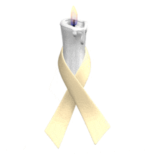 A cream colored awareness ribbon is wrapped around a flickering white candle in this animated clipart.