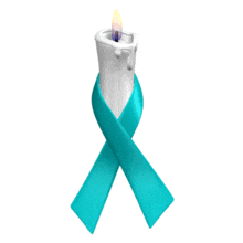 A teal awareness ribbon is wrapped around a flickering white candle in this animated clipart.