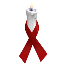 A burgundy awareness ribbon is wrapped around a flickering white candle in this animated clipart.