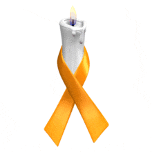 An orange awareness ribbon is wrapped around a flickering white candle in this animated clipart.