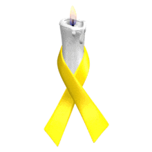 A yellow awareness ribbon is wrapped around a flickering white candle in this animated clipart.