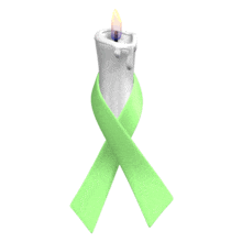 A lime colored awareness ribbon is wrapped around a flickering white candle in this animated clipart.
