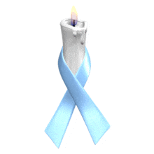 A light blue awareness ribbon is wrapped around a flickering white candle in this animated clipart.
