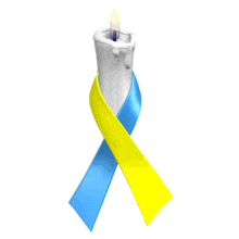 A blue and yellow awareness ribbon is wrapped around a flickering white candle in this animated clipart.