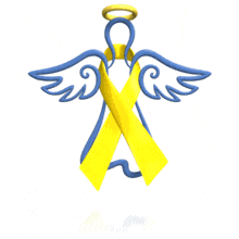 A yellow awareness ribbon is wrapped around a hovering angel in this animated clipart.