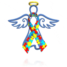 A multicolored autism awareness ribbon is wrapped around a hovering angel in this animated clipart.