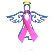 A hot pink awareness ribbon is wrapped around a hovering angel in this animated clipart.