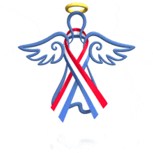 A red, white, and blue awareness ribbon is wrapped around a hovering angel in this animated clipart.