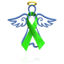 A green awareness ribbon is wrapped around a hovering angel in this animated clipart.