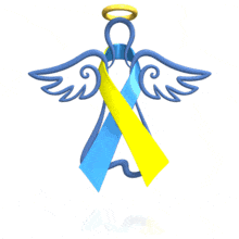 A blue and yellow awareness ribbon is wrapped around a hovering angel in this animated clipart.