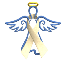 A cream colored awareness ribbon is wrapped around a hovering angel in this animated clipart.