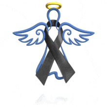 A black awareness ribbon is wrapped around a hovering angel in this animated clipart.