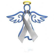 A grey awareness ribbon is wrapped around a hovering angel in this animated clipart.