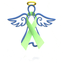 A lime colored awareness ribbon is wrapped around a hovering angel in this animated clipart.