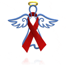 A burgundy awareness ribbon is wrapped around a hovering angel in this animated clipart.