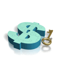 In this finance animated clipart, a gold key is inserted into a dollar puzzle. 