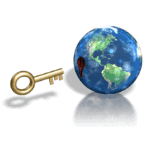 A gold key is inserted into a globe in this animated clipart.