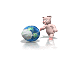 In this medical animated clipart, a pig chases a globe wearing an isolation mask.