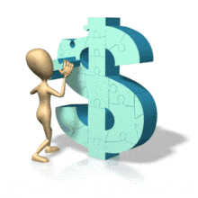 A stick figure attempts to place the last piece in the dollar sign puzzle in this finance animated clipart.