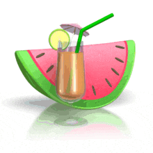 A juicy watermelon sways next to a fruity drink in this animated clipart.