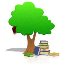 A book drops from a tree while a stack of books appears near by in this animated clipart.