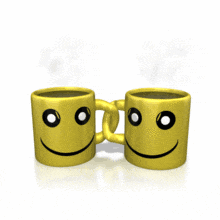 Two yellow smiley coffee mugs are joined together in this animated clipart.