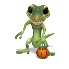 A green gecko dribbles a basketball in this animated clipart.