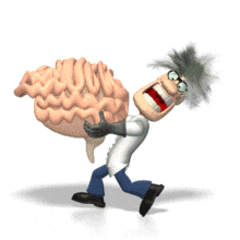 A mad scientist runs while carrying a brain in this animated clipart.