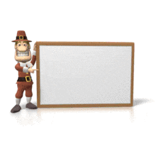 A pilgrim smiles as he points to a sign in this animated holiday clipart.
