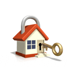 This animation shows a golden key inserted into a house that unlocks the house lock.