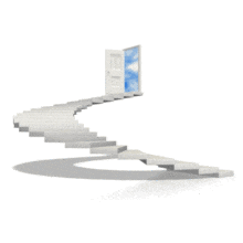 A winding staircase climbs up to an open door with blue sky and clouds passing by.