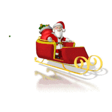 In this animated clipart Santa takes a crazy sleigh ride and Christmas presents fly out of his bag in the back.