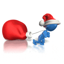 A blue stick character drags Santa&#039;s heavy big red bag.