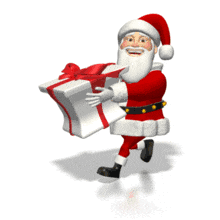 A jolly Santa runs with a big present in his hands.